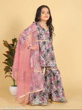 Printed cotton kurta sharara with dupatta set for kids baby girls, comfortable ethnic wear for special occasions like weddings and festivals