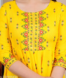 Yellow rayon haldi kameez with long sleeves, floral hand block print