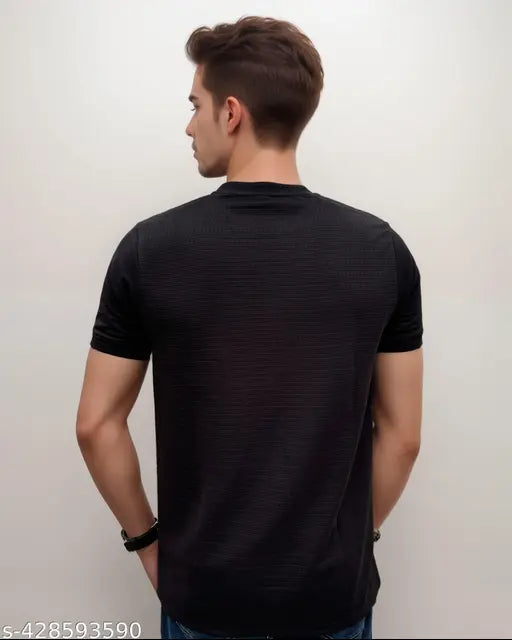 Black cotton blend t-shirt, round neck, double stitching, regular fit, short sleeves, solid color, trendy & classic style - Caimbros men's t-shirt made in India