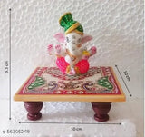 Ceramic Ganesh Idol with marble Choki, 10cm x 10cm x 9.5cm, Indian-made Diwali/Home puja article