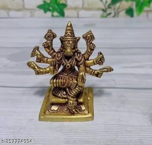 Small, intricate 8-handed brass Varahi Amman statue, traditional Indian god idol
