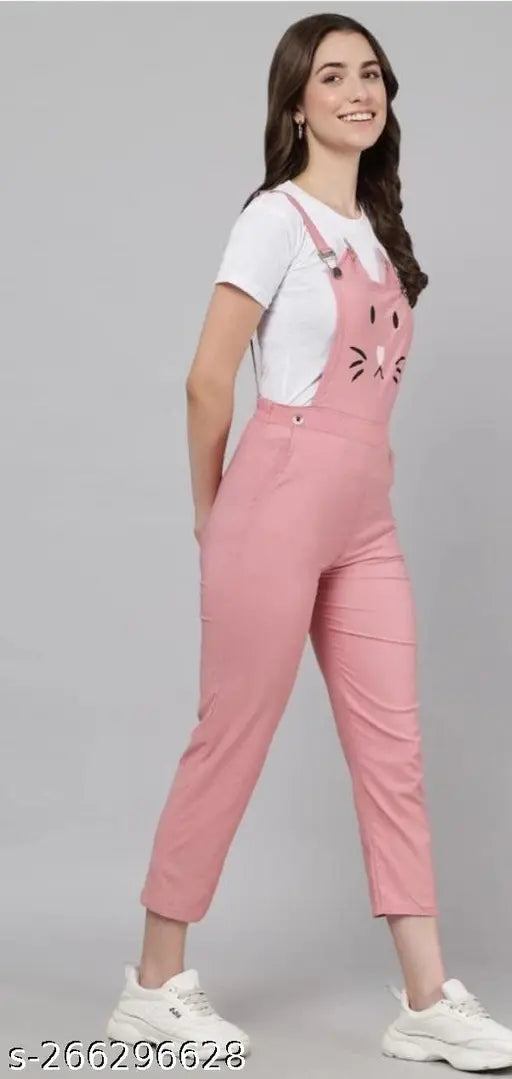 Pink cotton blend fabric Fannox Enterprises women's dungaree with short sleeves, printed pattern, and full-length shoulder straps