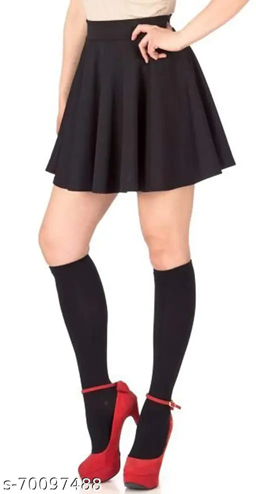 Black polyester ethnic short skirt SF5003-Black for women, solid pattern on display stand