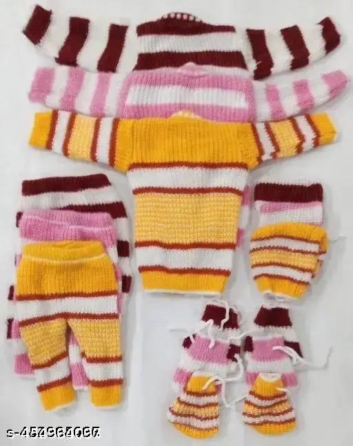 New Born Baby Winter Wear Baby Clothes 4Pcs Sets 100% wool(3 top ,3 pajamas,3caps,3 pair of socks ) Baby Boys & Girls Unisex Baby woolen/winter Suit Infant Clothes First Gift for New Born Baby (0 to 3 months only ) PACK OF 3 Random colour set