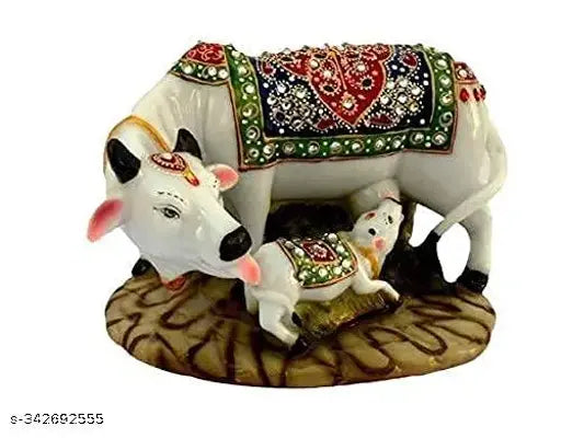 Multicolor handmade Kamdhenu cow and calf resin statue, 6-inch tall, antique style for home decor
