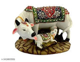 Multicolor handmade Kamdhenu cow and calf resin statue, 6-inch tall, antique style for home decor