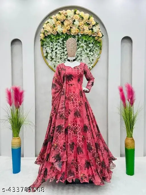 Dark peach printed Anarkali gown on mannequin, Georgette fabric with long sleeves and micro cotton lining