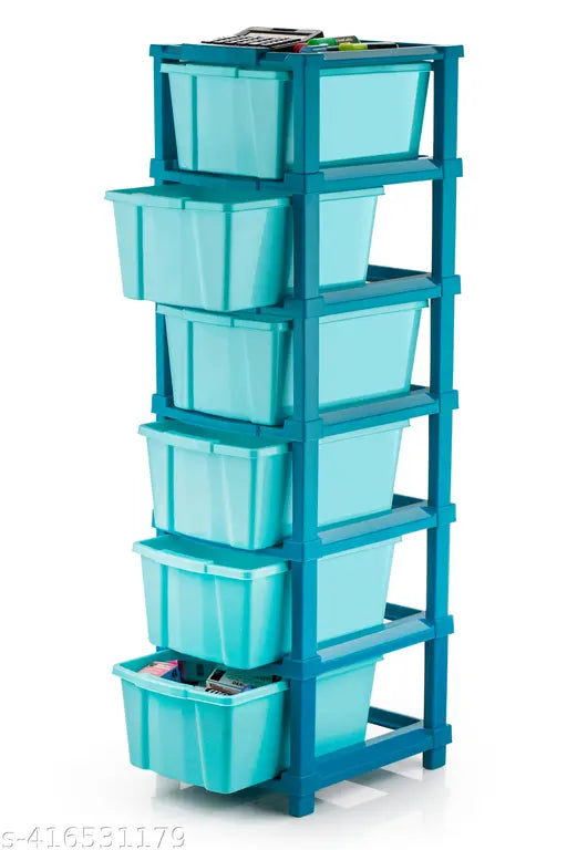 Blue modular storage unit, 6 x L, easy assembly, clear plastic bins