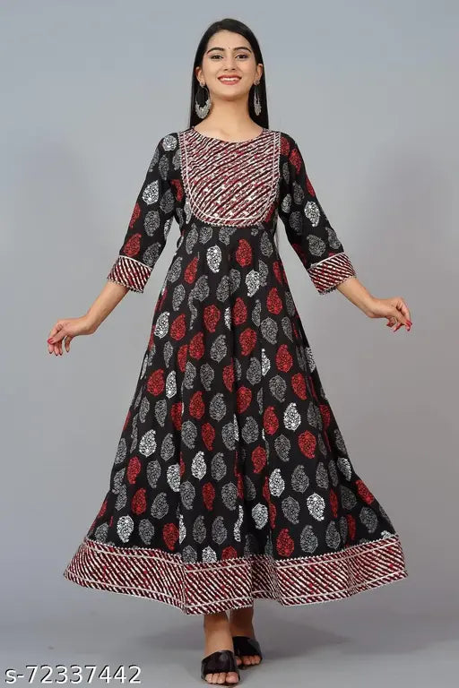 Anarkali kurta with black base and floral print, rayon fabric