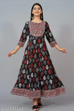 Anarkali kurta with black base and floral print, rayon fabric