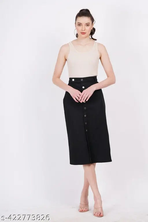 Denim Lycra high-rise waist black slip-on midi skirt with side slit and button embellishments, ideal for informal occasions and versatile year-round wear