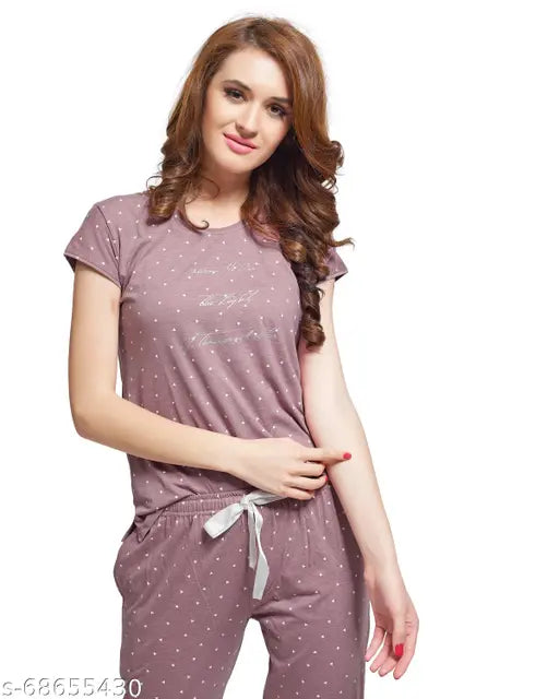 Cotton pink & grey triangle printed top & payjama half sleeve nightsuit set, flattering cuts and colors for lounge comfort - LOTIK Women's sleepwear