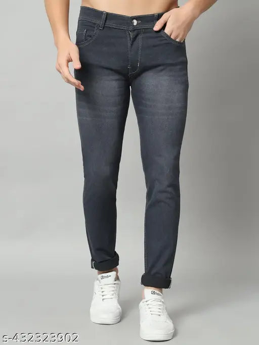 Classic men's dark grey denim jeans, solid pattern, size options available for waists 26-36, length and hip sizes provided