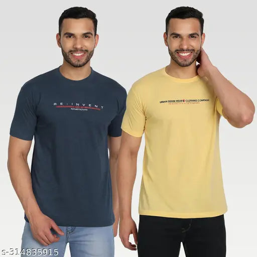 Yellow cotton blend men's typography round t-shirt pack 2, ideal for casual or formal wear, India origin