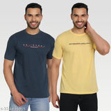 Yellow cotton blend men's typography round t-shirt pack 2, ideal for casual or formal wear, India origin