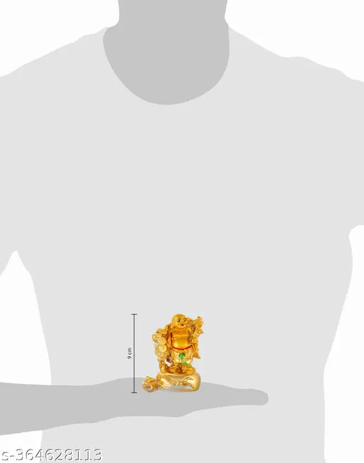 Golden polyclain Laughing Buddha holding ingot potli and standing on money bag sack, bringing wealth and prosperity (9 cm height)