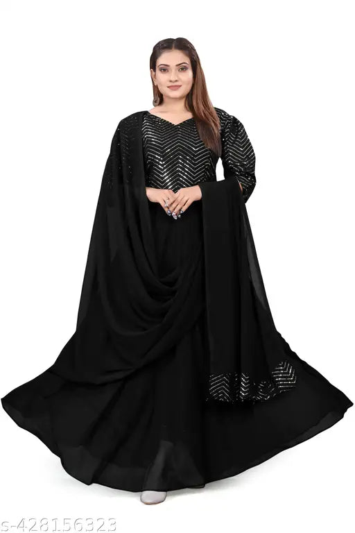 Embellished Georgette Anarkali Dress - Black, VIDHI Black with square work embroidery, full-sleeved Indian dress in various sizes from S to XXXL