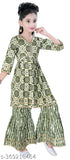 Cotton Alia cut pant set for girls - vibrant printed anarkali style with sharara bottom, embellished neckline, and handblock design. Fashionable kids traditional clothing for festive wear, aged 2-11 years. Made in India