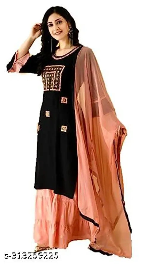 Ethnic women's wear, kurta sharara set with dupatta in traditional colors and design, long sleeve, embroidered
