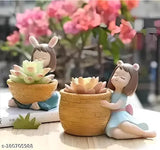 Multicolor basket girl resin flowerpot set, handcrafted polyresin decorative showpiece - 12cm, ideal for home or office table decoration, Indian craftsmanship
