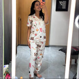 Silk blend ladies night suit, quirky print sleepwear set of 3 pieces (shirt, pajamas, shorts), country of origin: India