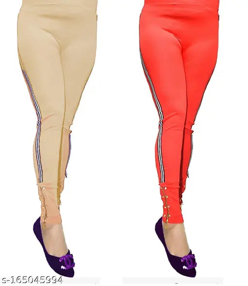 Polyester chain bottom jeggings combo pack, beige and red, size options: 28in/37in, 30in/37in