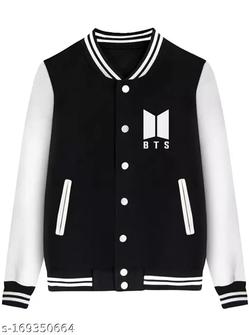 Black cottonblend BTS varsity jacket with print motif, long sleeves, and baseball collar. Ideal for casual wear, business, or outdoor sports