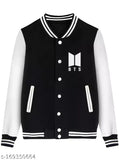 Black cottonblend BTS varsity jacket with print motif, long sleeves, and baseball collar. Ideal for casual wear, business, or outdoor sports
