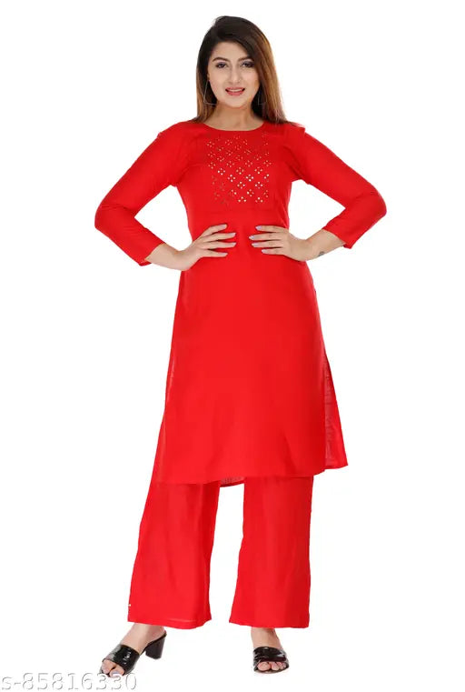 Rayon red embroidery kurta set with palazzos, traditional wear for women
