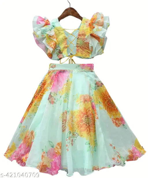 Designer georgette baby girl lehenga with choli and matching dupatta, floral print, short sleeves. Premium quality fabric, intricate detailing, adjustable waistband. Made in India