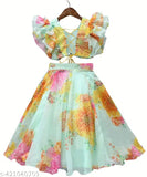 Designer georgette baby girl lehenga with choli and matching dupatta, floral print, short sleeves. Premium quality fabric, intricate detailing, adjustable waistband. Made in India