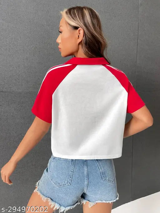 Crop raglan collar cotton t-shirt, solid net, short sleeves, cropped for women's fashion