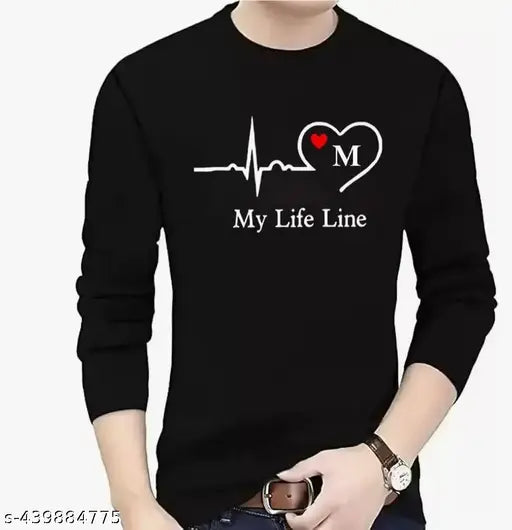 Black polyester full-sleeve t-shirt for men, solid black design on chest