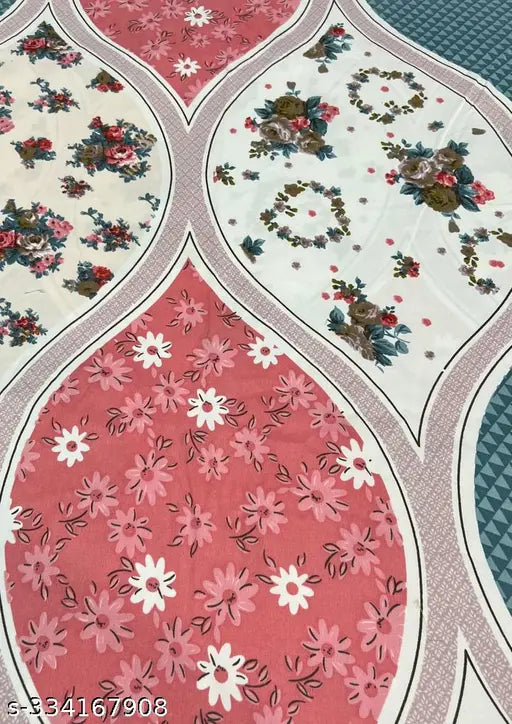 Heavy quality multicolor floral-printed cotton flat sheets set, includes 1 double bedsheet, 2 pillow covers, and 2 cushion covers with embroidery and frill. Ideal for adult use during summer. Made in India