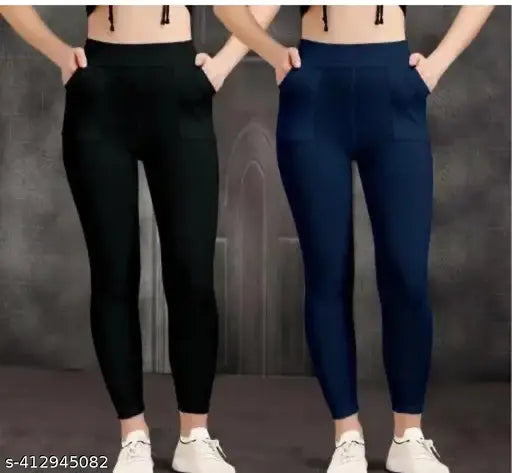 Cotton blend solid women's jeggings in set of 2, stylish fitness wear for activewear