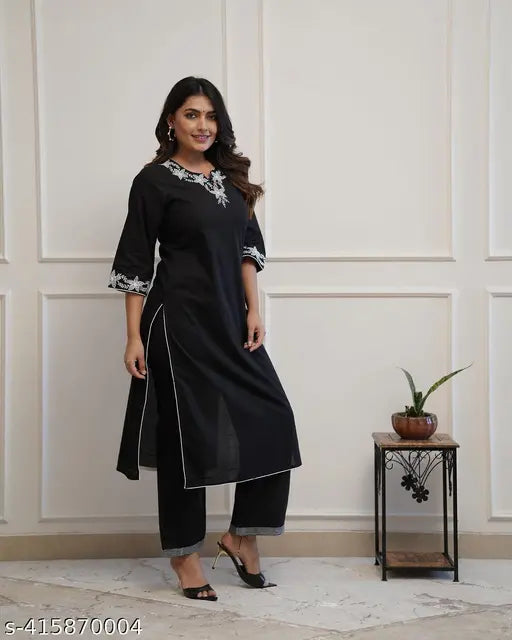 Rayon slub embroidered kurta with Palazzo pants, Indian women's fashion set in vibrant colors