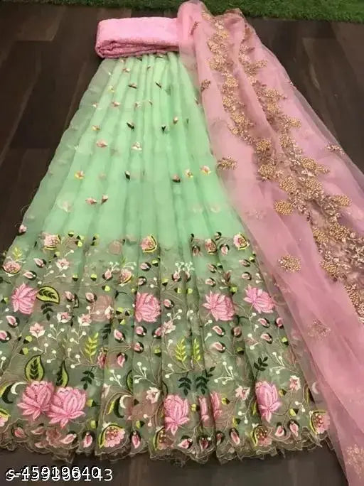 Silk and net embroidered Banita attractive women's lehenga with choli and dupatta, semi-stitched (44in waist, 43in length), India