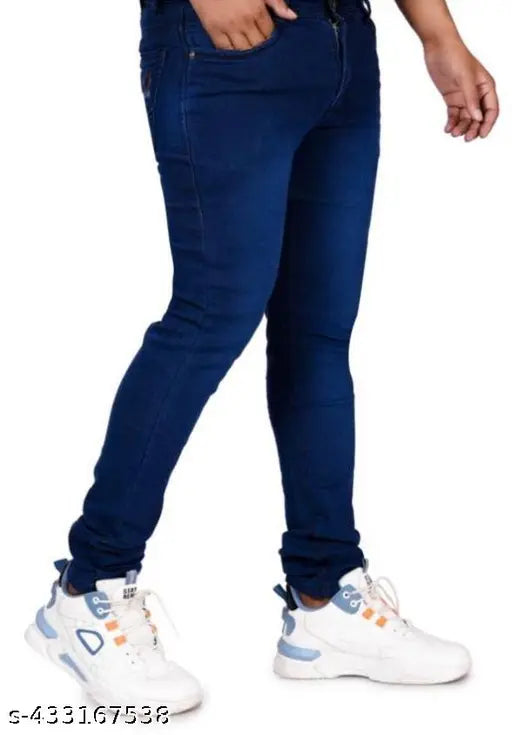 Designer latest blue denim jeans for men - poly knitted solid jeans in 28, 30, 32, and 34 sizes, made in India