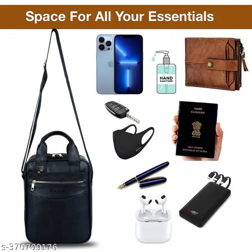 Black leather messenger bag with adjustable strap, multiple pockets, and pen holder