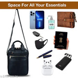 Black leather messenger bag with adjustable strap, multiple pockets, and pen holder