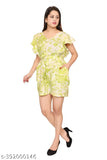 Light green cotton slub short jumpsuit with V-neck, side pockets, and elastic waist, perfect for casual chic, summer vibes, or elegant evening wear