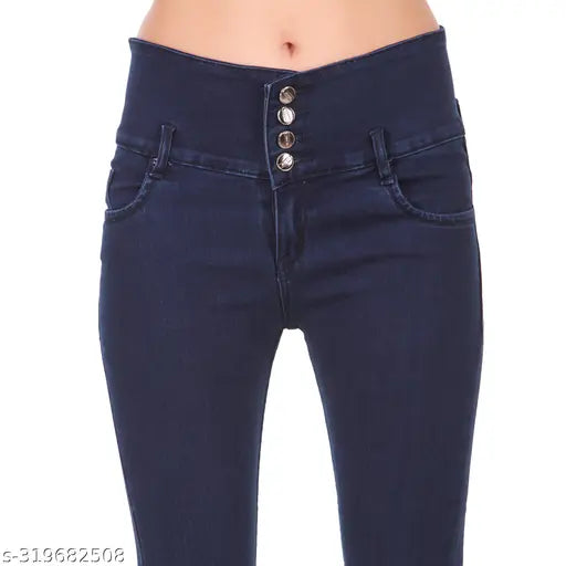 Dark blue denim jeans with silver buttons and zip closure