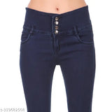 Dark blue denim jeans with silver buttons and zip closure