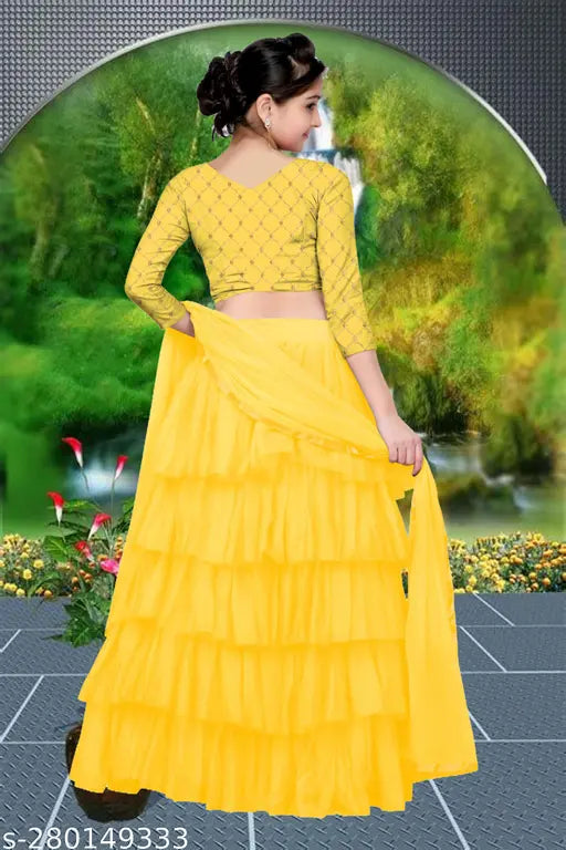 Embroidered satin and net lehenga choli for kids, ruffle pattern with solid dupatta, long sleeves, free size, Indian designer work