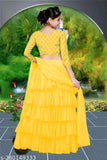 Embroidered satin and net lehenga choli for kids, ruffle pattern with solid dupatta, long sleeves, free size, Indian designer work
