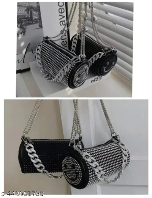 Black, studded, round sling bag with chain handles