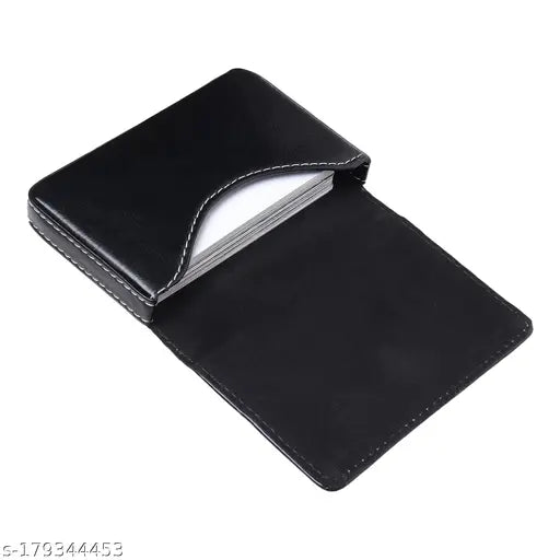 Black PU JnD card holder for men or women, ideal for business cards and IDs. Holds up to 15-20 visiting cards or 6-8 debit/credit cards. Made in India, stylish and compact design
