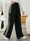 Black plazo pants with white stripe, long legs, casual style