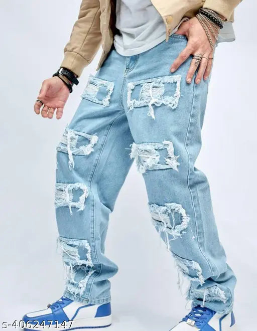 Stretchable denim jeans for men, soft cotton fabric, solid pattern, perfect for casual wear or beach parties. Available in sizes 26, 28, 30, 32, 34, 36 (waist 26-36, length 39 in, hip varies). Made in India