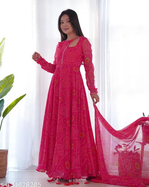 Women's bandhani printed Georgette kurti pant set and dupatta, long-sleeved, vibrant Indian fashion accessory in sizes S-XXL